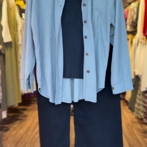 Dusty Blue Oversized Shirt with Black Inner Tank & Wide-Leg Pants β 3-Piece Co-Ord Set