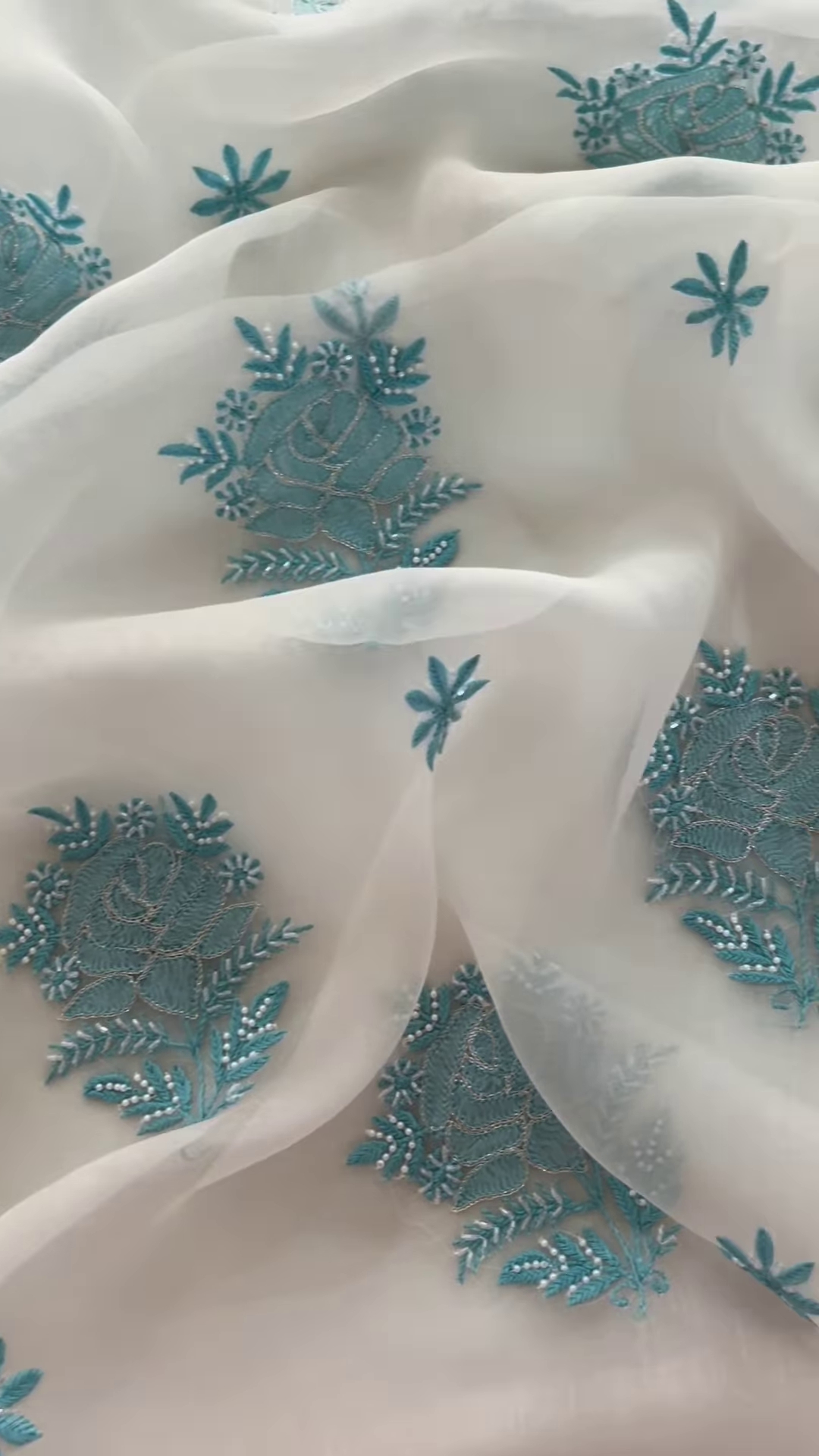 Off-White Embroidered Lawn Gala with Aqua Accents and Sequin Detail - Image 2
