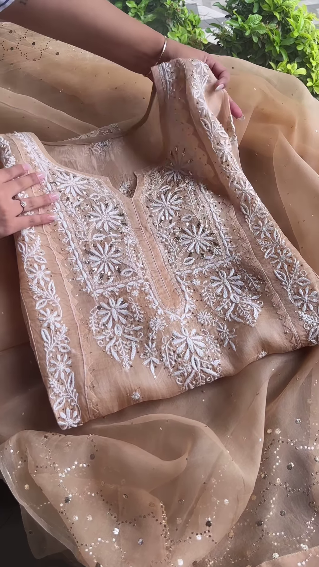 Beige Sheer Embroidered Fabric Panel with White Floral Motifs & Sequin Accents – Ethnicwear Material - Image 6