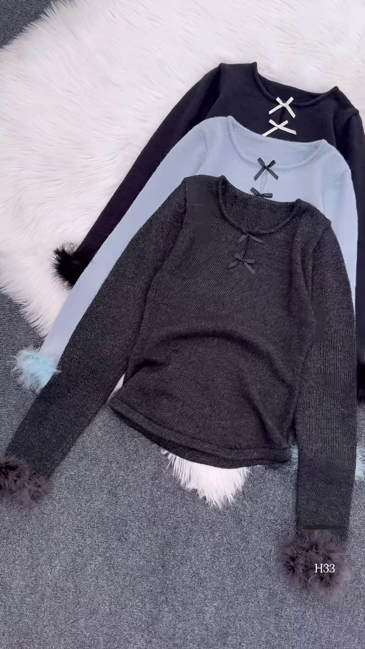 Fur-Cuffed Bow Detail Sweaters 🧥 Available in Black, Light Blue, Dark Grey, Red & Cream - Image 4