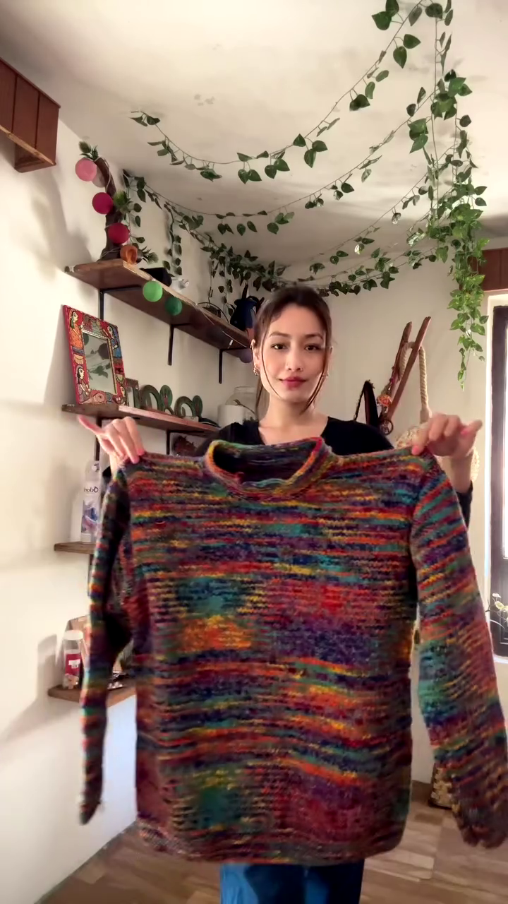 Handmade Multicolor Textured Knit Sweater ππ§Ά β Cozy Rainbow Layer Styled in Decor-Rich Setting - Image 3