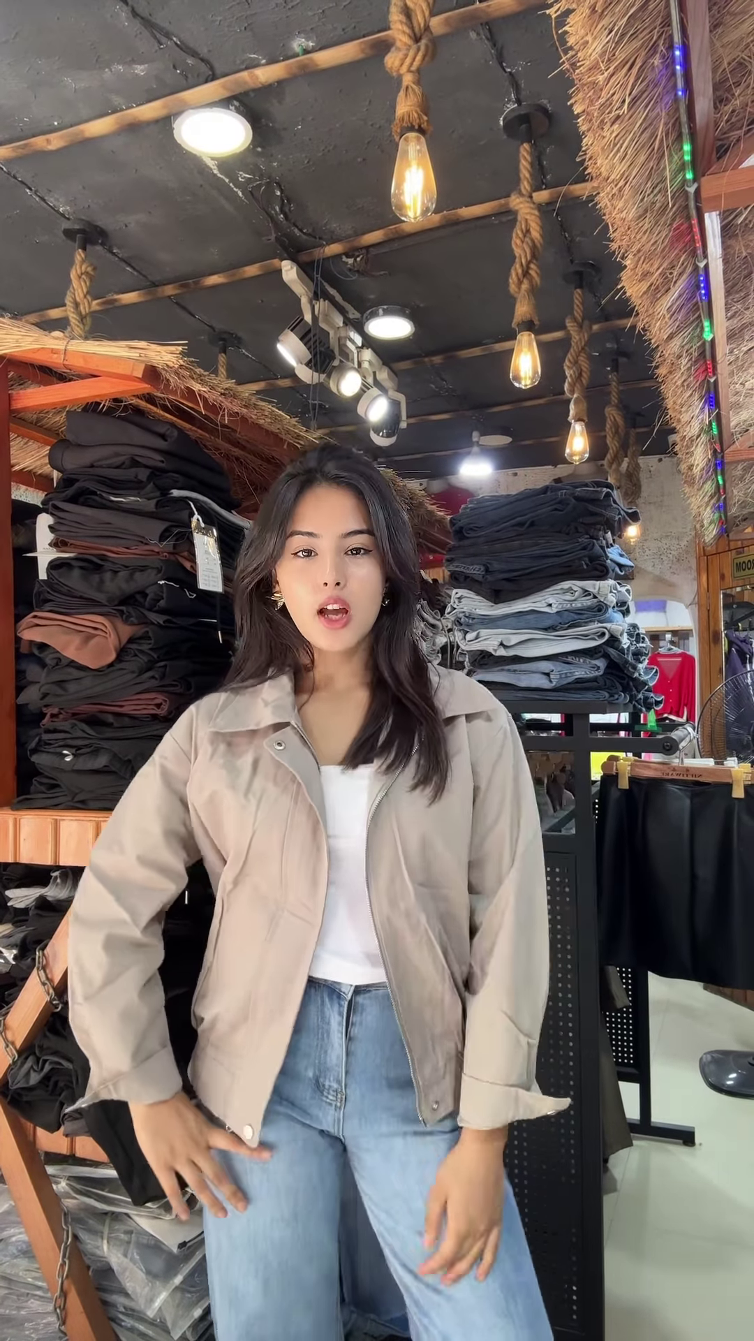 Women's Zip-Up Casual Jackets π§₯π β Black, Beige & Light Beige Variants Styled in Store Setting