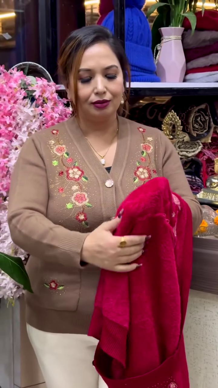 Floral Embroidered Knit Cardigans 🌸🧥 – Beige, Maroon & Purple Variants with Button-Up Front & Pocket Detailing - Image 2