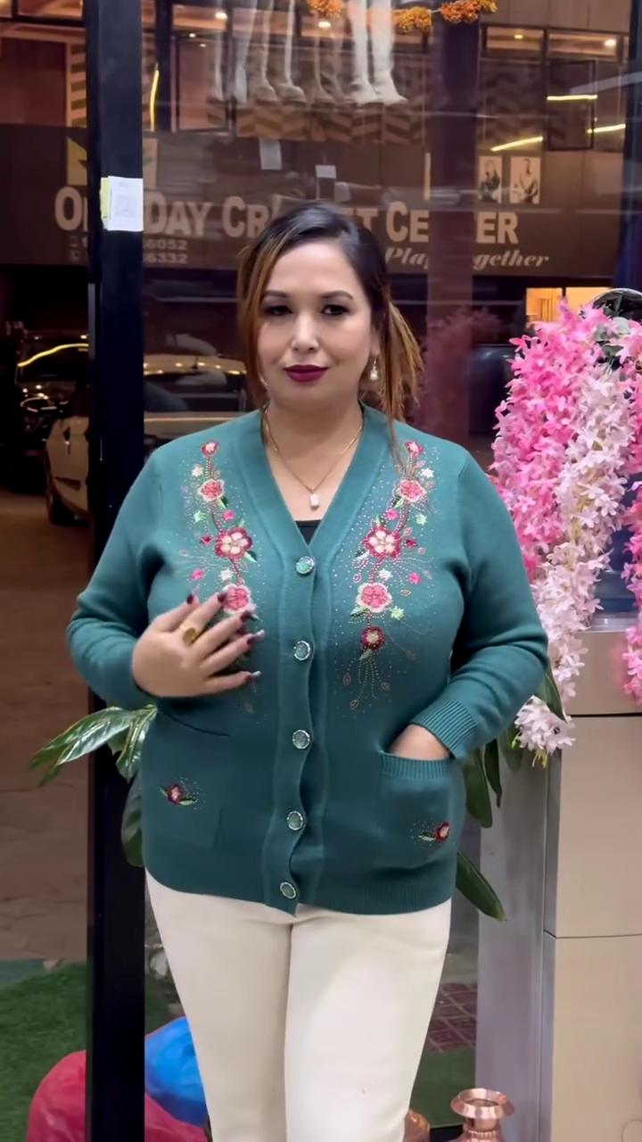 Floral Embroidered Knit Cardigans 🌸🧥 – Beige, Maroon & Purple Variants with Button-Up Front & Pocket Detailing - Image 4