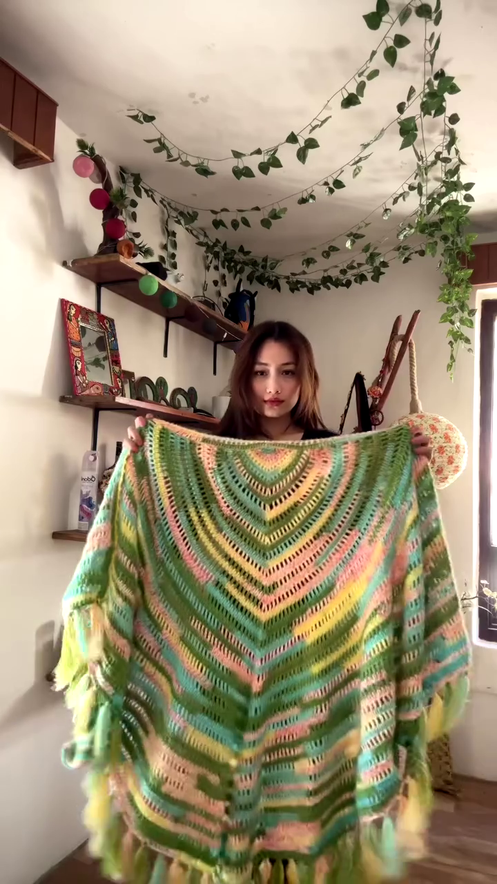 Multicolor Crocheted Shawl with Fringe Detailing 🧶🌈 – Boho Knit Layer Styled Over Black Top