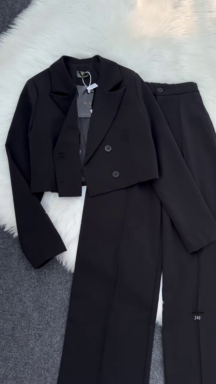 Black Cropped Blazer & High-Waist Trousers Co-ord Set