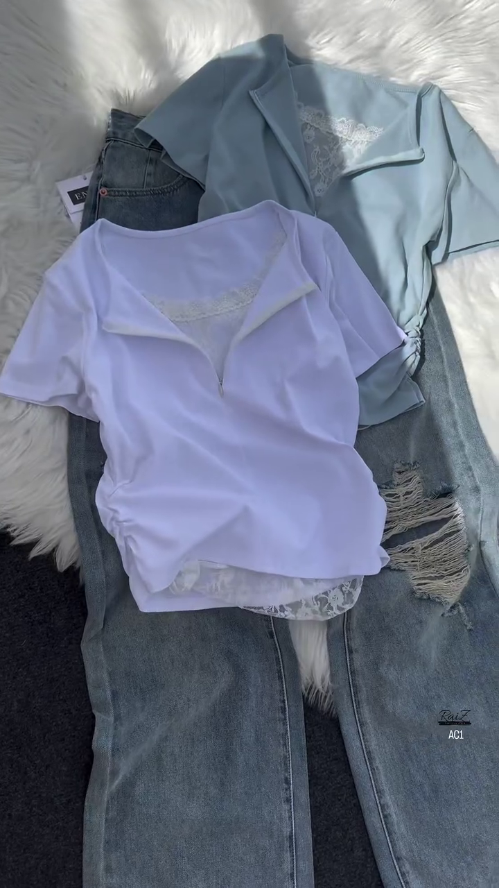 Women’s Grey Lace Detail V-Neck Short Sleeve Top