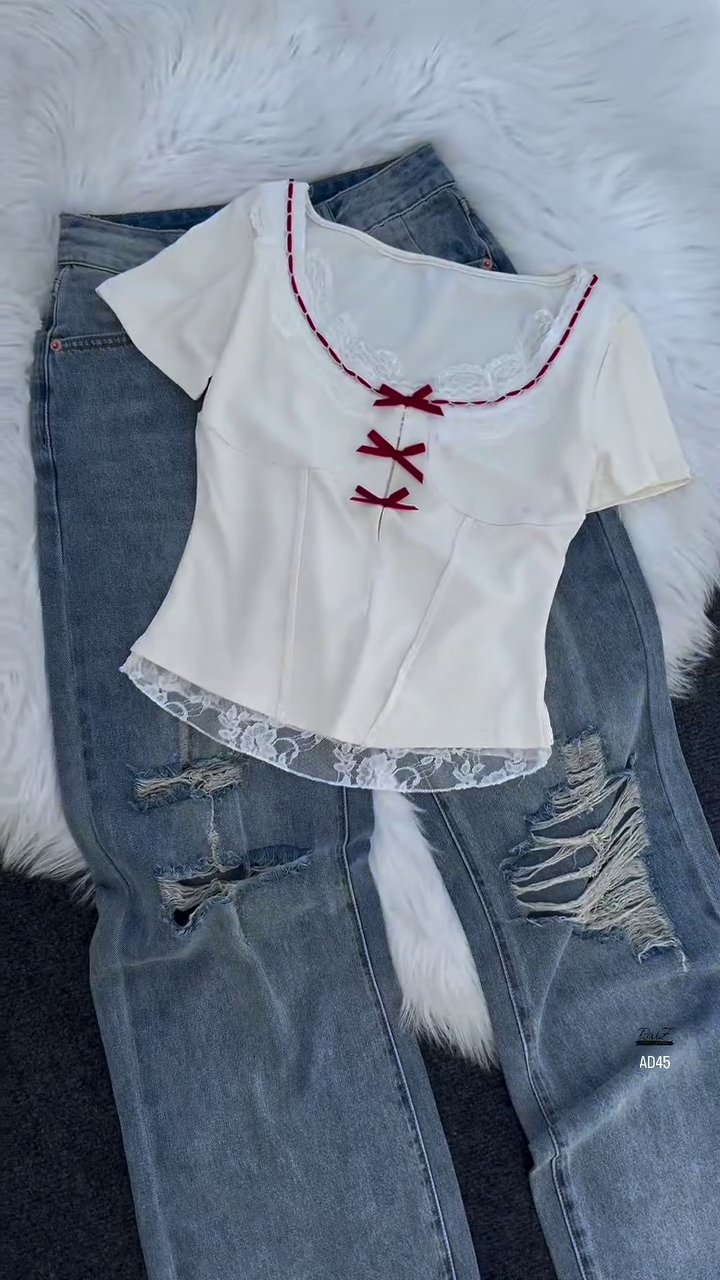 Women’s Pink Lace-Trim Blouse with Bow Detail