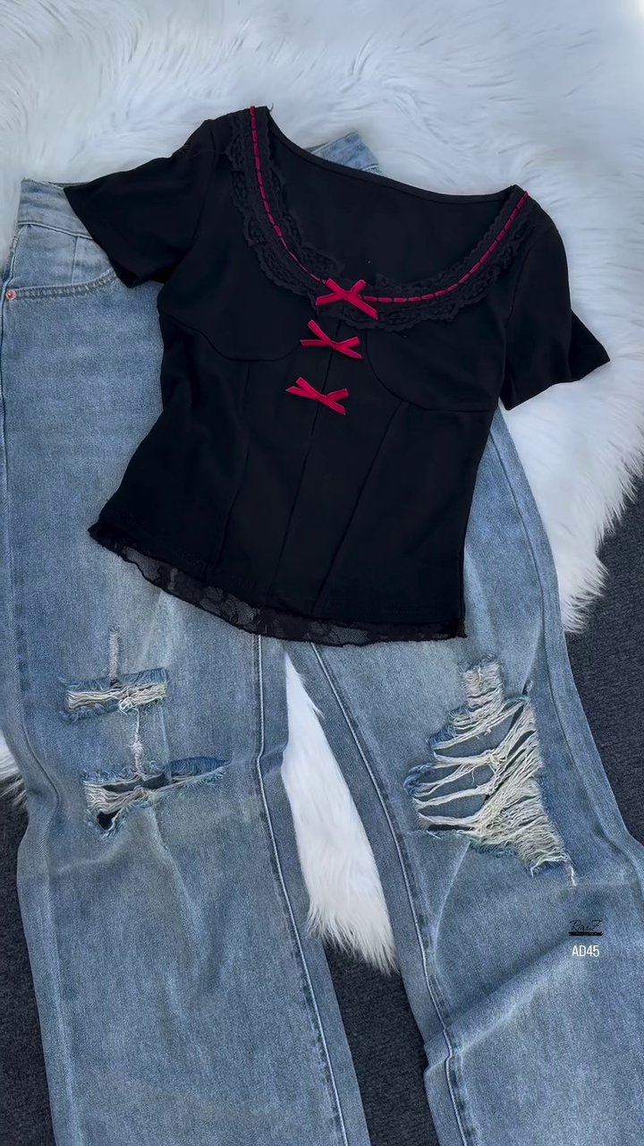 Women’s Pink Lace-Trim Blouse with Bow Detail - Image 2
