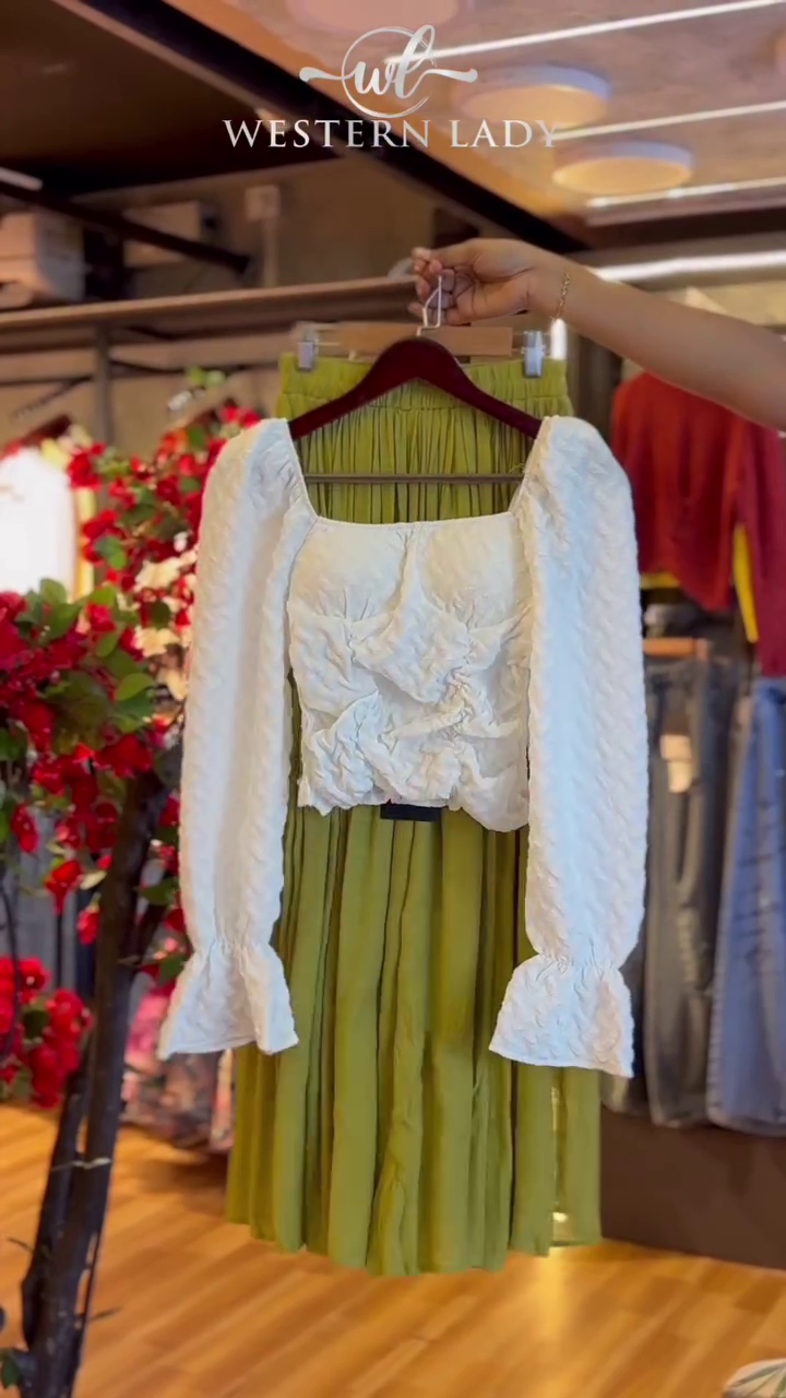 Textured Crop Top in Ivory & Pleated Skirt in Olive