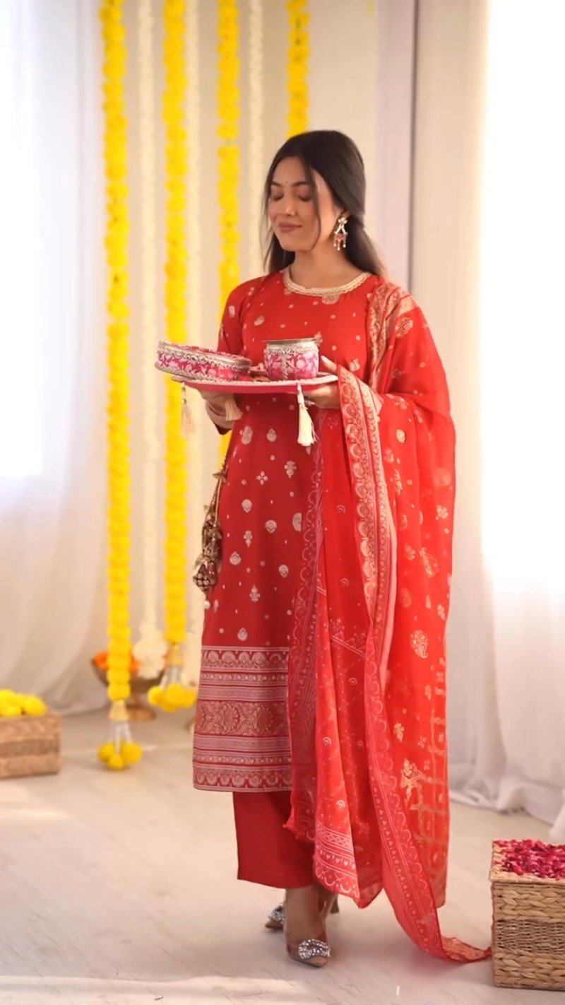 Radiant Ruby Festive Kurta & Sharara Set with Floral Embroidery – Available in Crimson Red & Sunset Scarlet