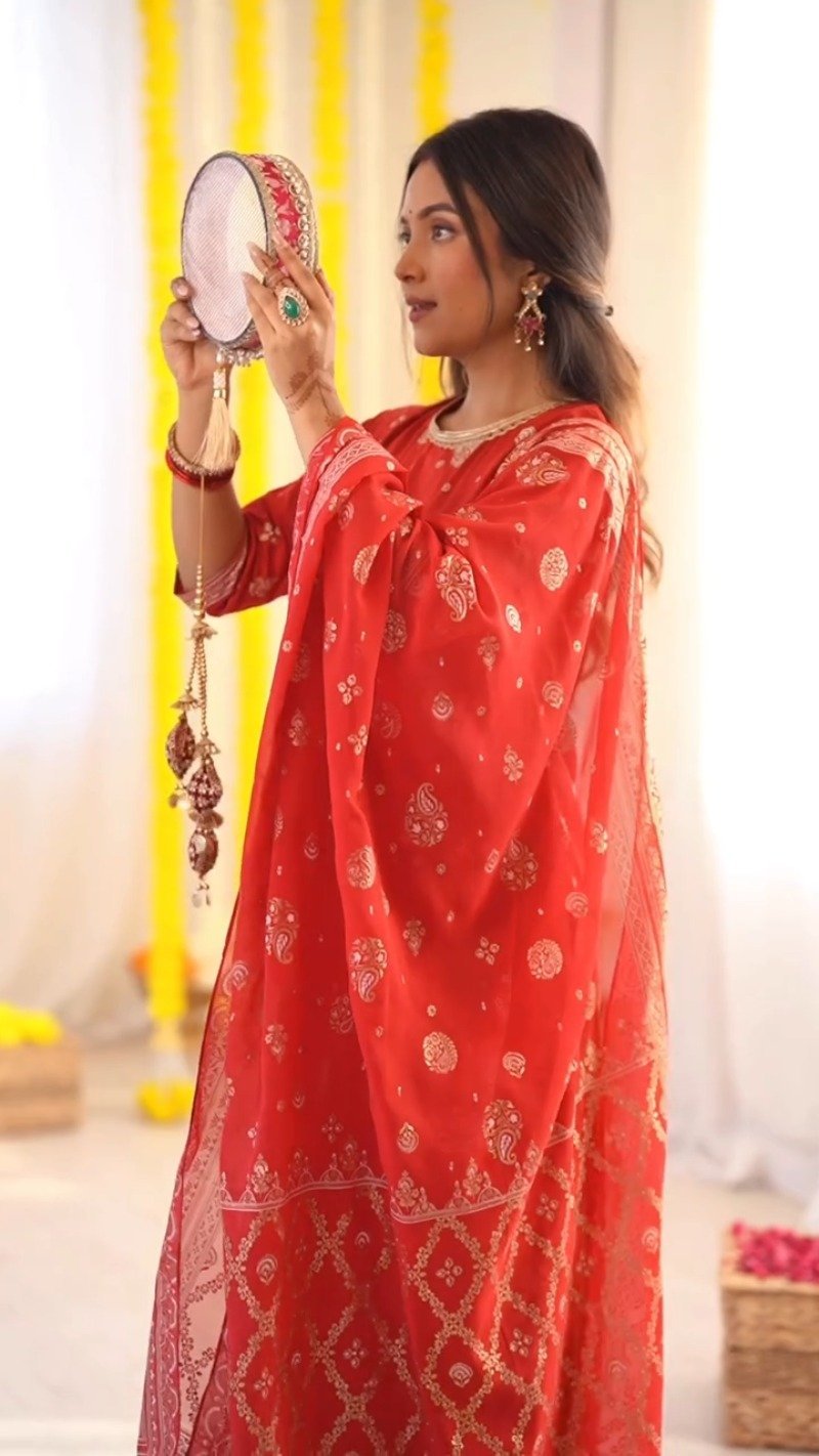 Radiant Ruby Festive Kurta & Sharara Set with Floral Embroidery – Available in Crimson Red & Sunset Scarlet - Image 2