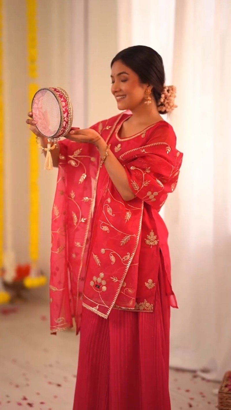 Radiant Ruby Festive Kurta & Sharara Set with Floral Embroidery – Available in Crimson Red & Sunset Scarlet - Image 3