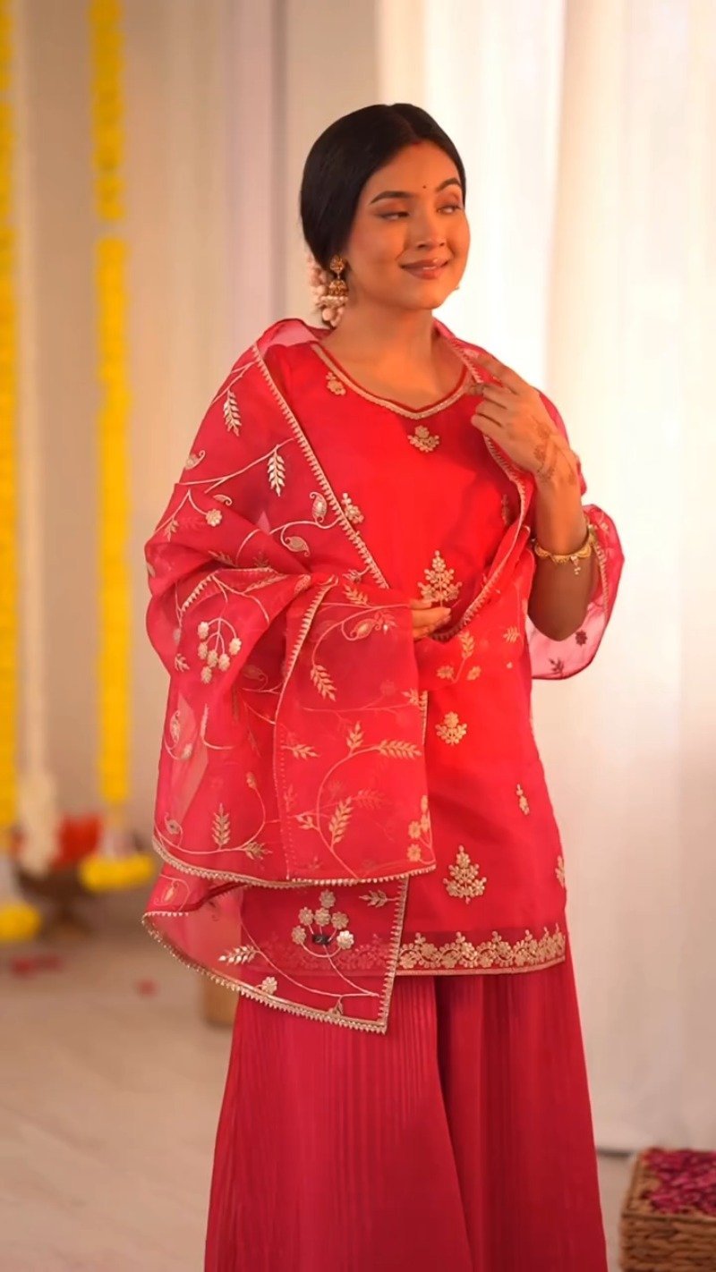 Radiant Ruby Festive Kurta & Sharara Set with Floral Embroidery – Available in Crimson Red & Sunset Scarlet - Image 6