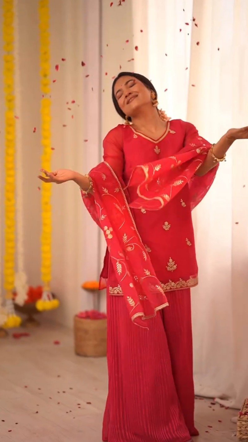 Radiant Ruby Festive Kurta & Sharara Set with Floral Embroidery – Available in Crimson Red & Sunset Scarlet - Image 5