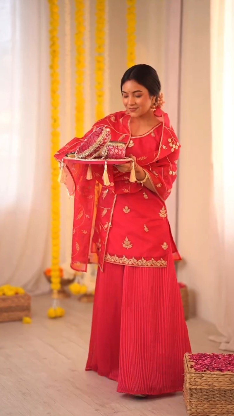 Radiant Ruby Festive Kurta & Sharara Set with Floral Embroidery – Available in Crimson Red & Sunset Scarlet - Image 7