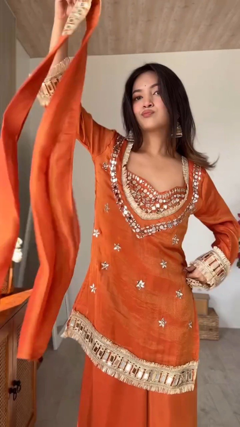 Amber Radiance Mirror-Work Kurta & Sharara Set - Image 3