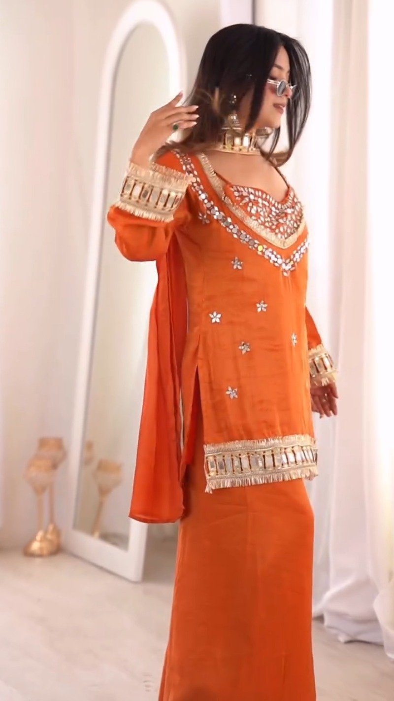 Amber Radiance Mirror-Work Kurta & Sharara Set