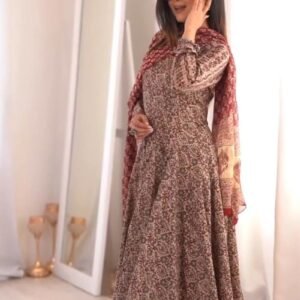 Elegant Floral Print Anarkali Kurta Set with Dupatta โ Available in Deep Plum & Midnight Blue