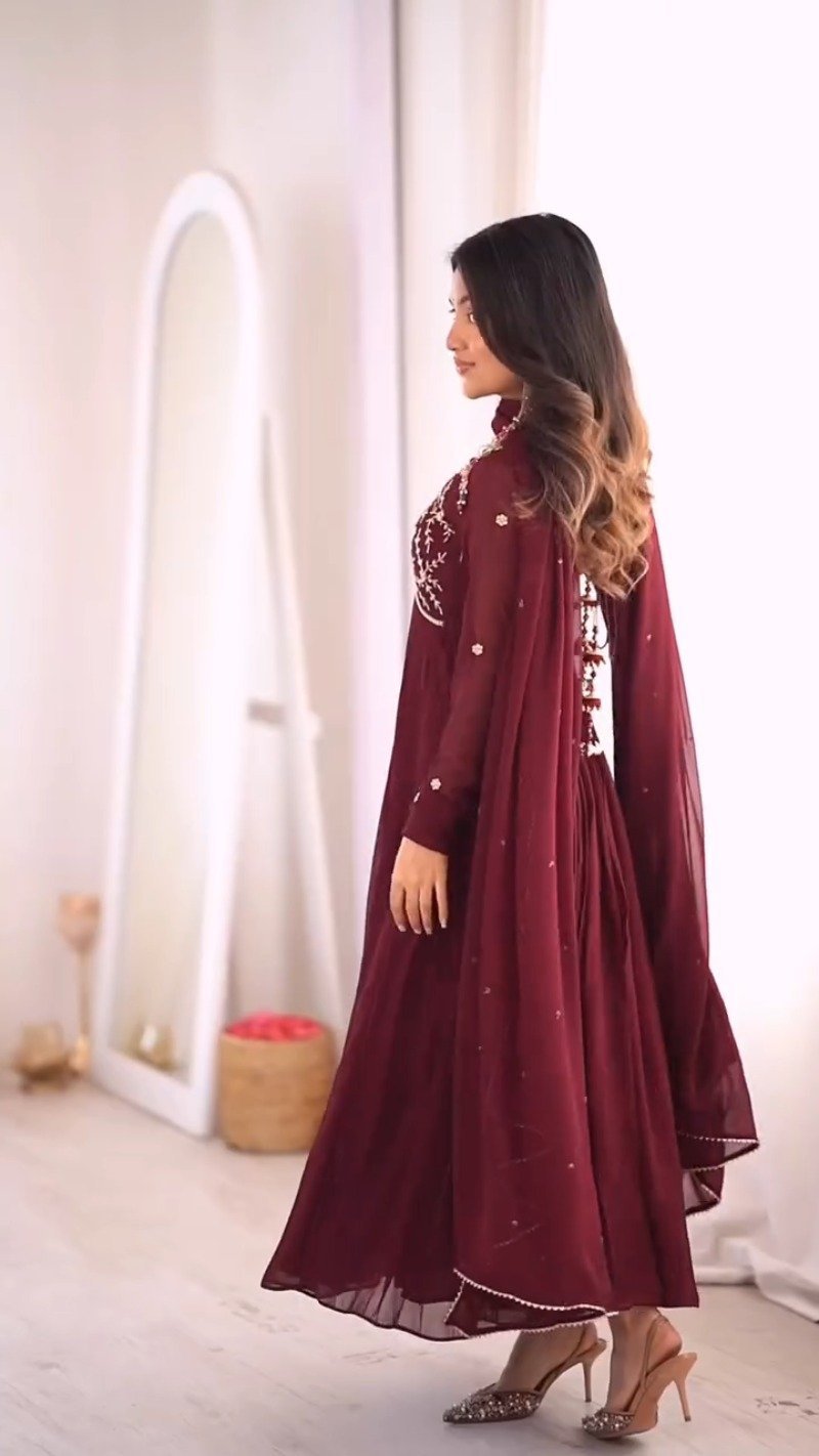 Royal Maroon Pleated Anarkali Suit with Embroidered Yoke & Delicate Detailing - Image 3
