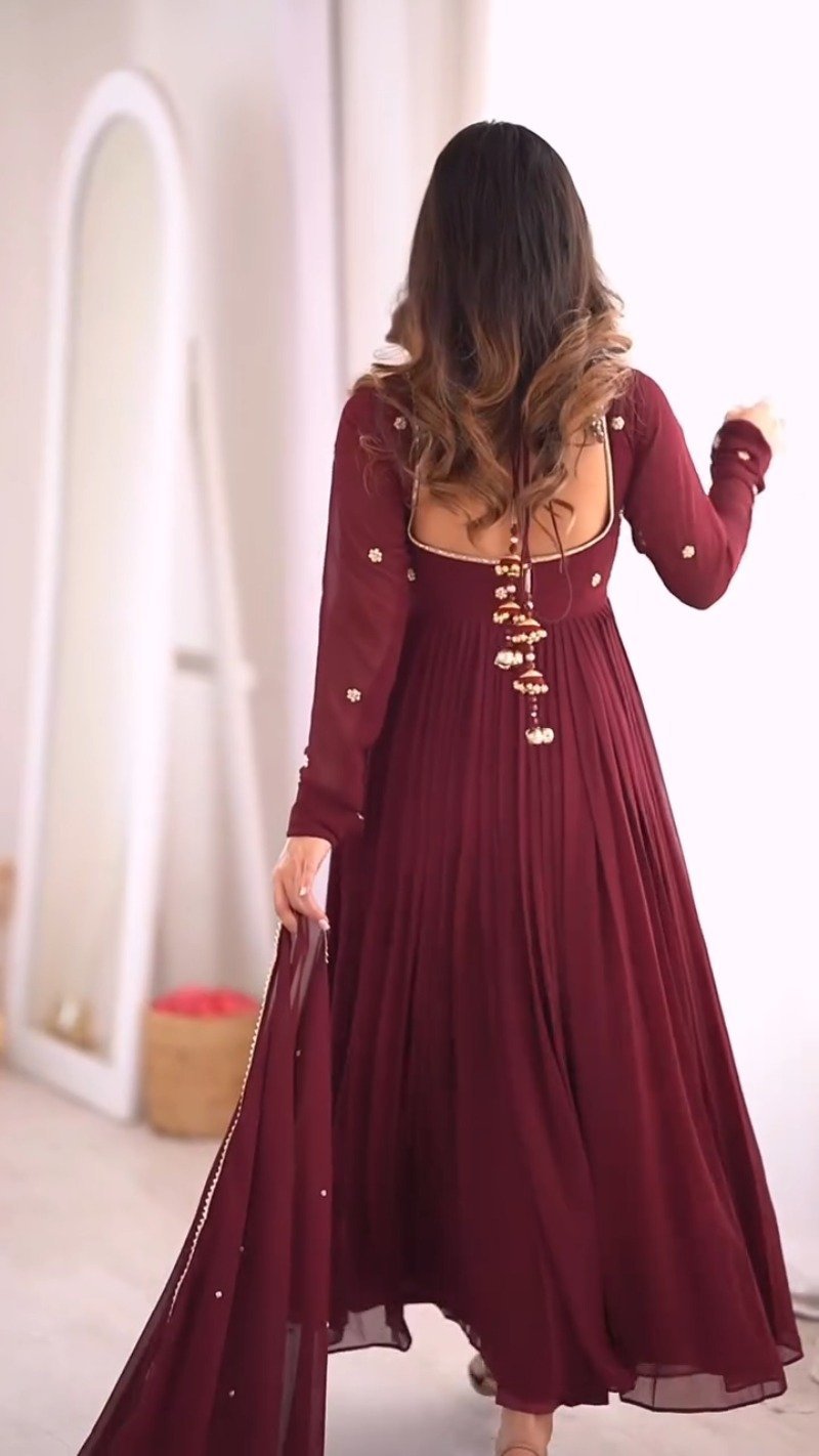 Royal Maroon Pleated Anarkali Suit with Embroidered Yoke & Delicate Detailing - Image 2