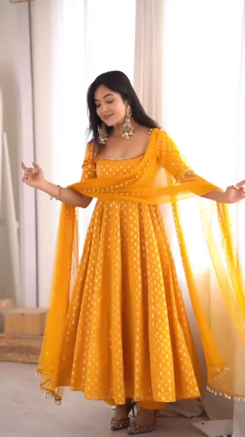 Sun-Kissed Mustard Embroidered Anarkali Kurta Set with Dupatta - Image 3