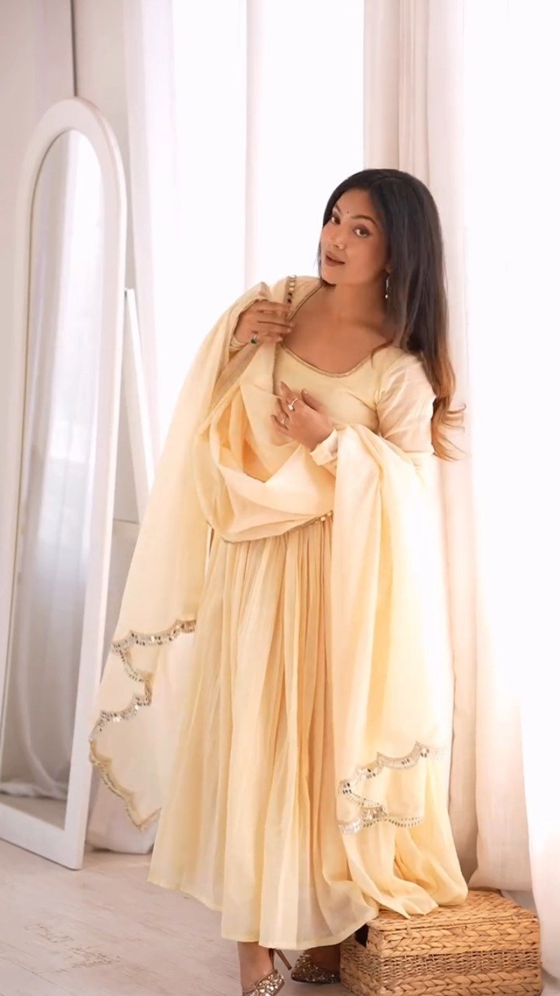 Ethereal Cream Mirror-Work Anarkali Set - Image 2