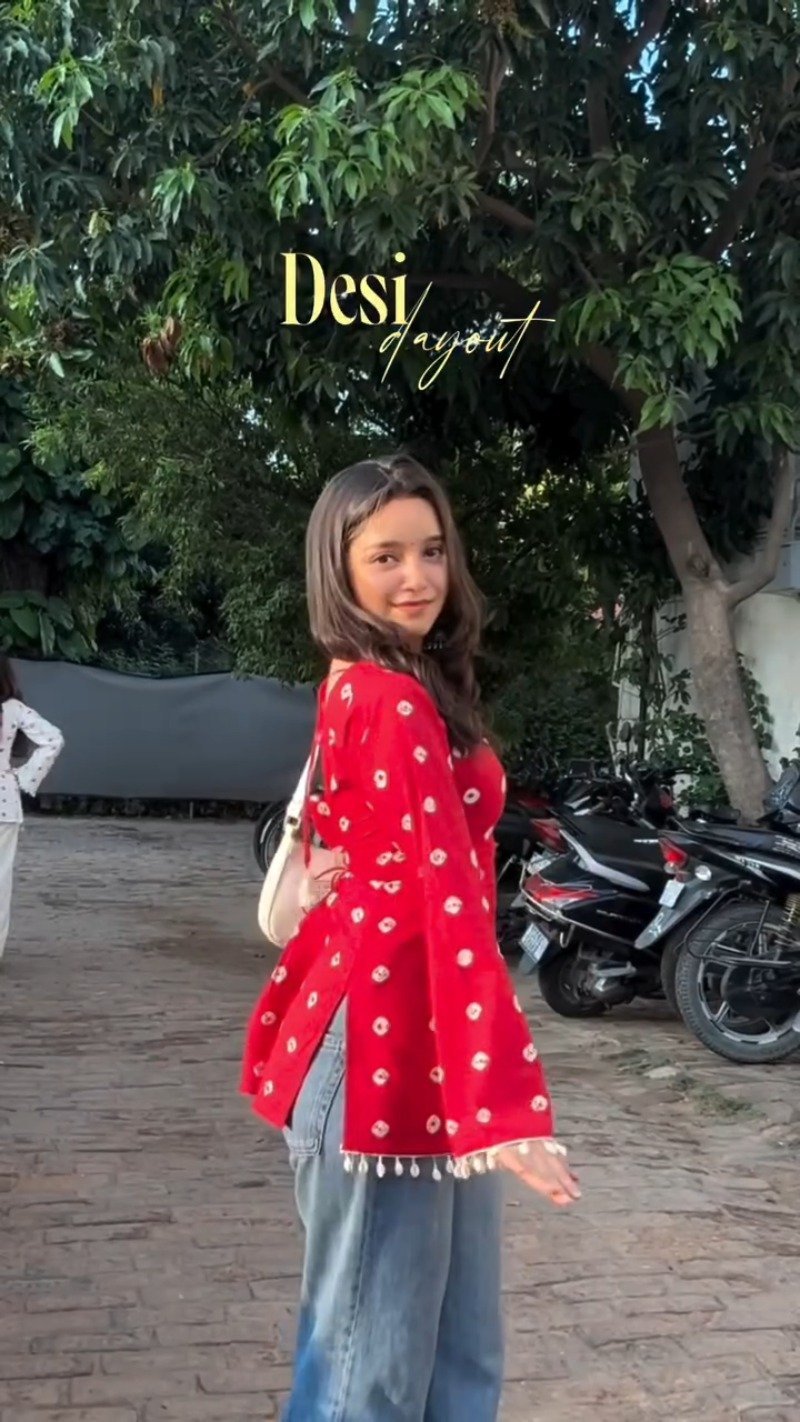 Crimson Bandhani Print Bell-Sleeved Kurti with Shell Trims - Image 5