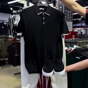 Minimalist Textured Knit Polo & Trouser Co-ord Set – Available in Black, White, Burgundy & Sky Blue