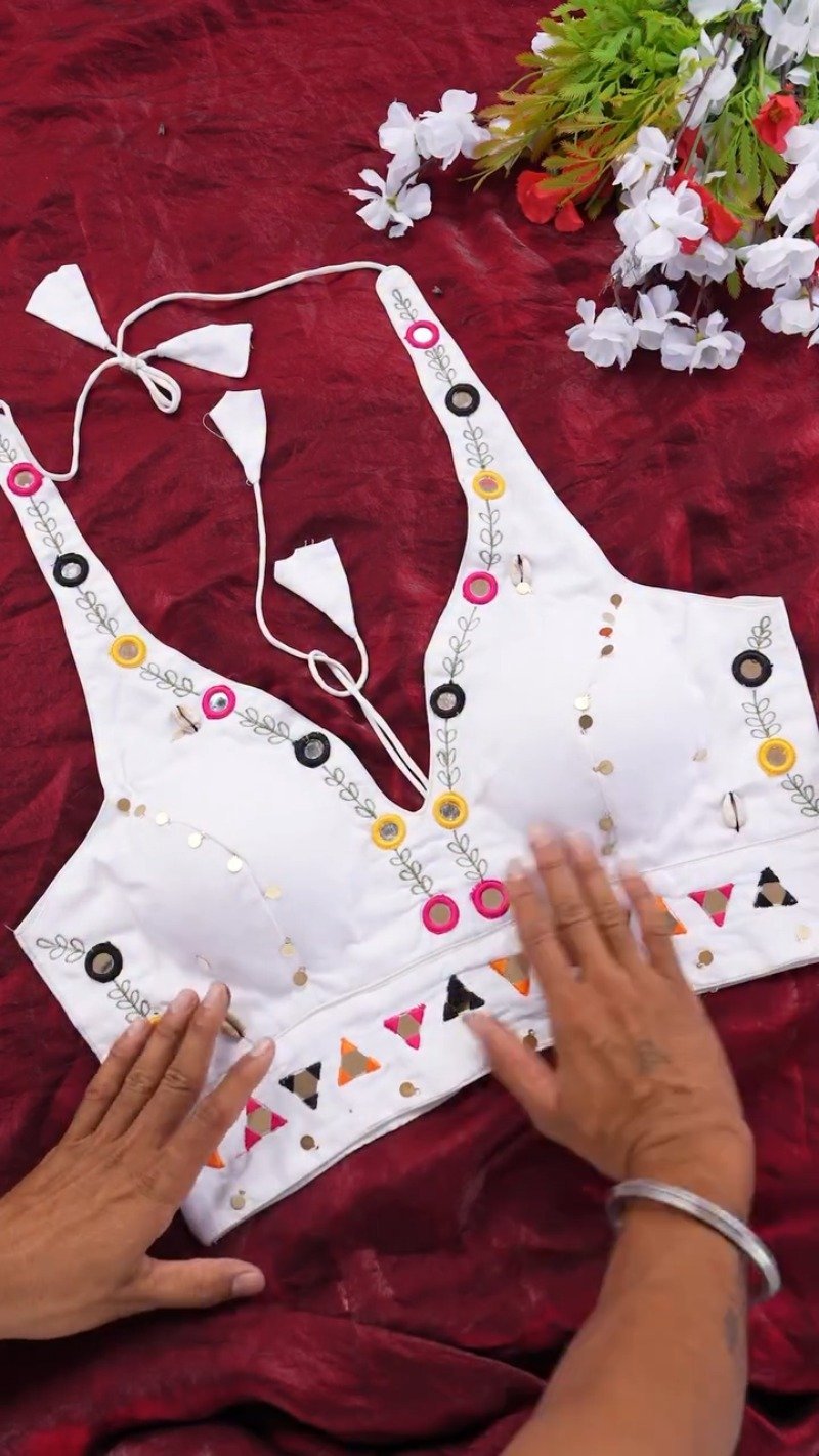 Boho-Chic Mirror Work Halter Neck Crop Top – A Summer Essential
