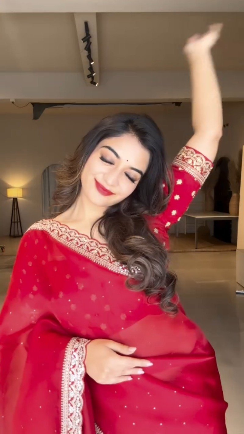 Radiant Crimson Festive Chiffon Saree with Zardosi Detailing