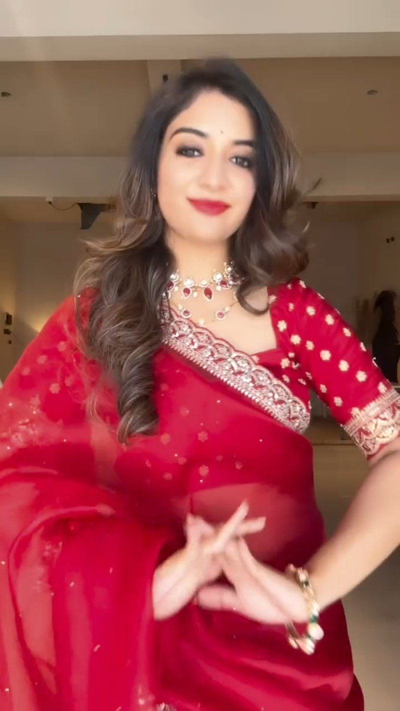 Radiant Crimson Festive Chiffon Saree with Zardosi Detailing - Image 2