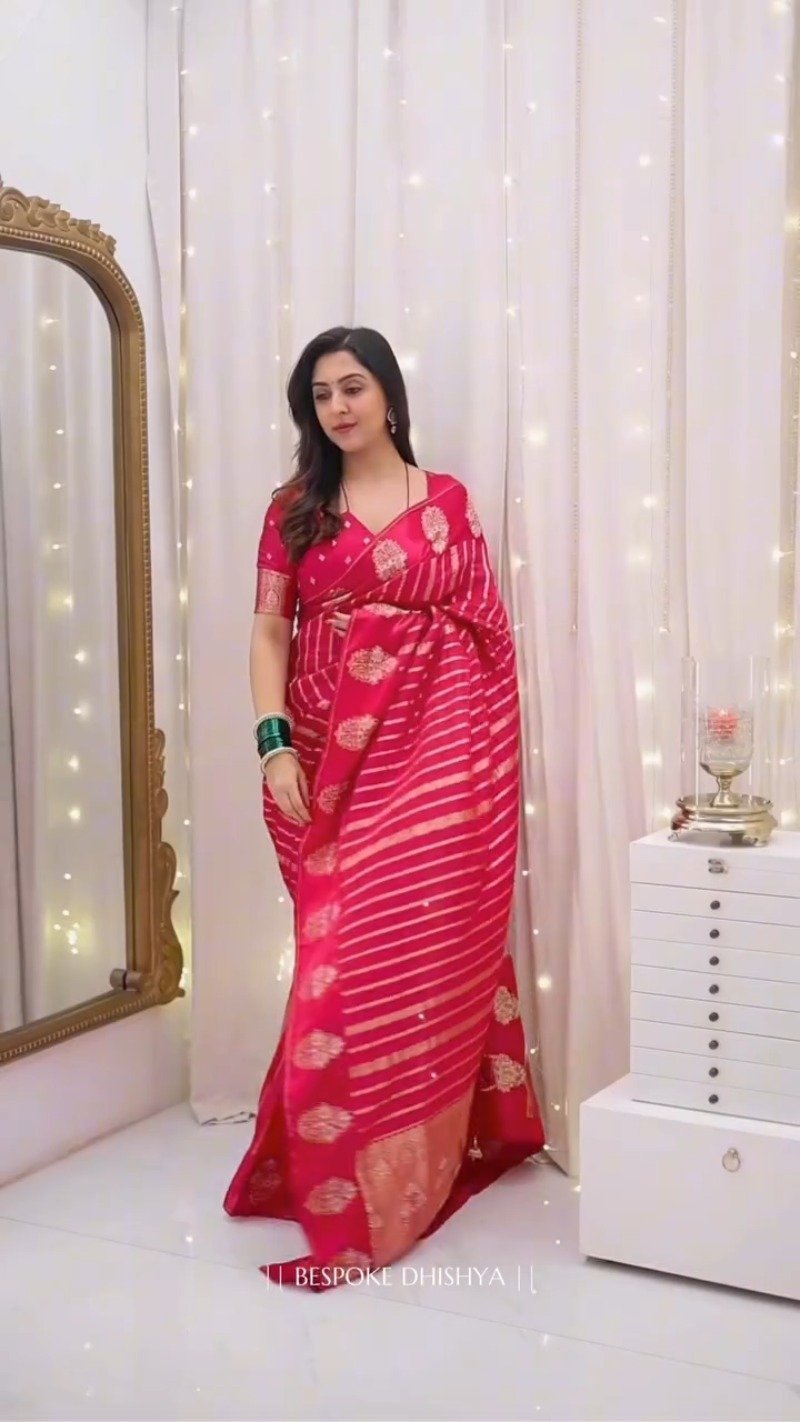Radiant Crimson Zari-Striped Organza Saree with Embroidered Blouse