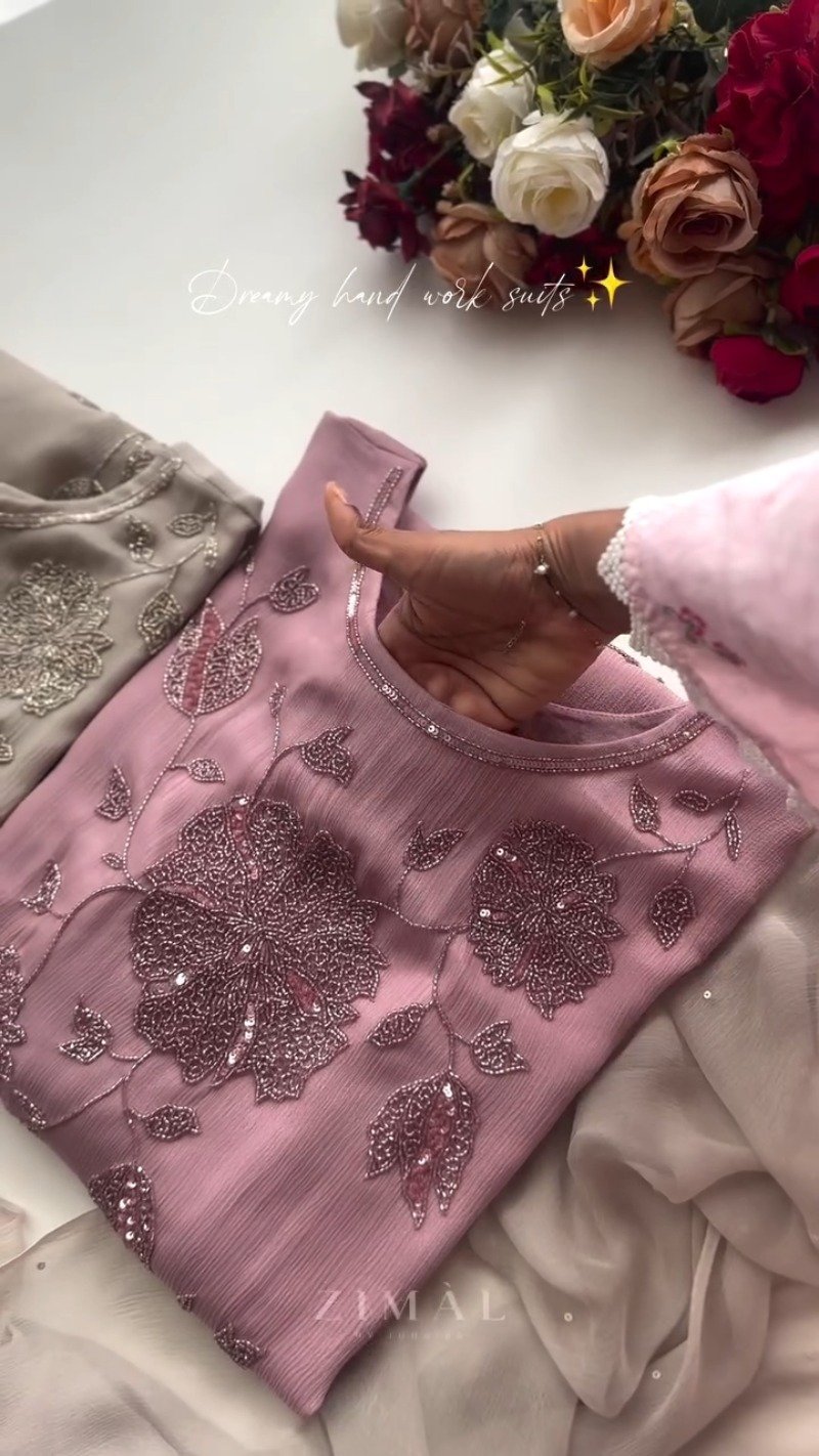 Exquisite Hand-Embellished Floral Motif Kurta Set – Available in Dusty Rose & Sophisticated Taupe