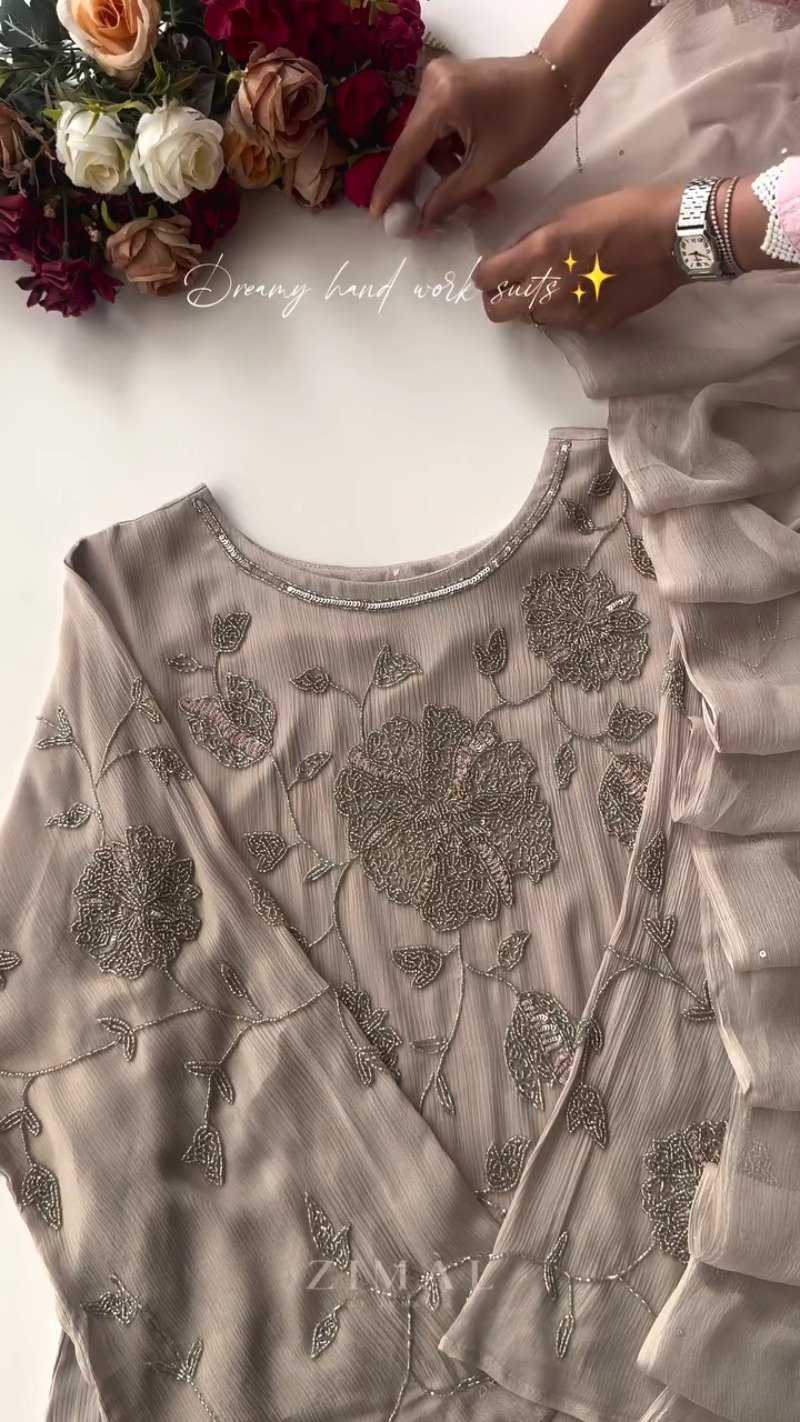 Exquisite Hand-Embellished Floral Motif Kurta Set – Available in Dusty Rose & Sophisticated Taupe - Image 5