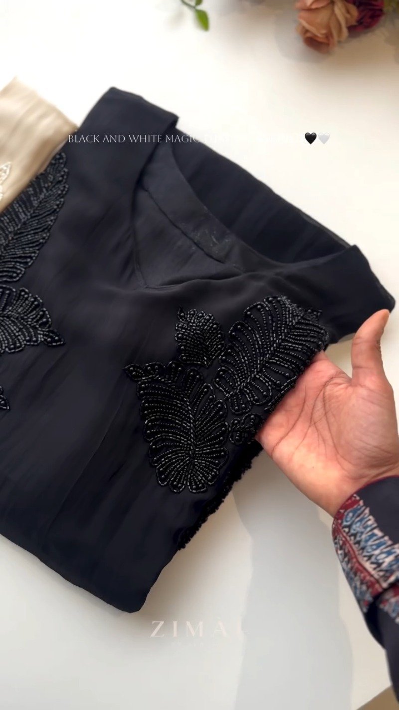 Ethereal Bead-Embellished Minimalist Kurta Set – Available in Midnight Black & Champagne Ivory - Image 2