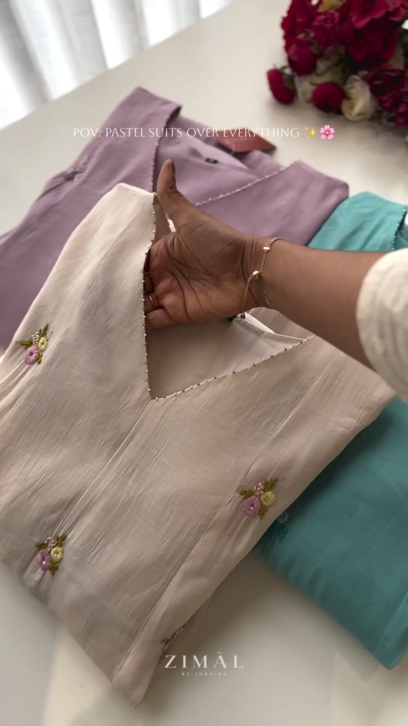 Ethereal Pastel Embroidered Kurta Set – Available in Creamy Beige, Serene Teal & Dusty Mauve - Image 3