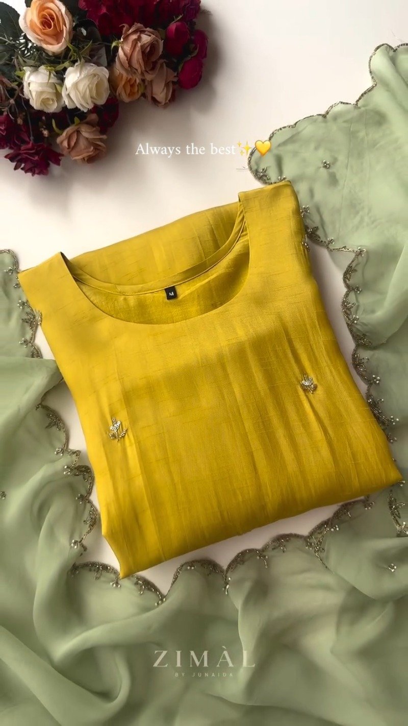 Sun-Kissed Mustard Raw Silk Kurta Set with Scalloped Sage Dupatta