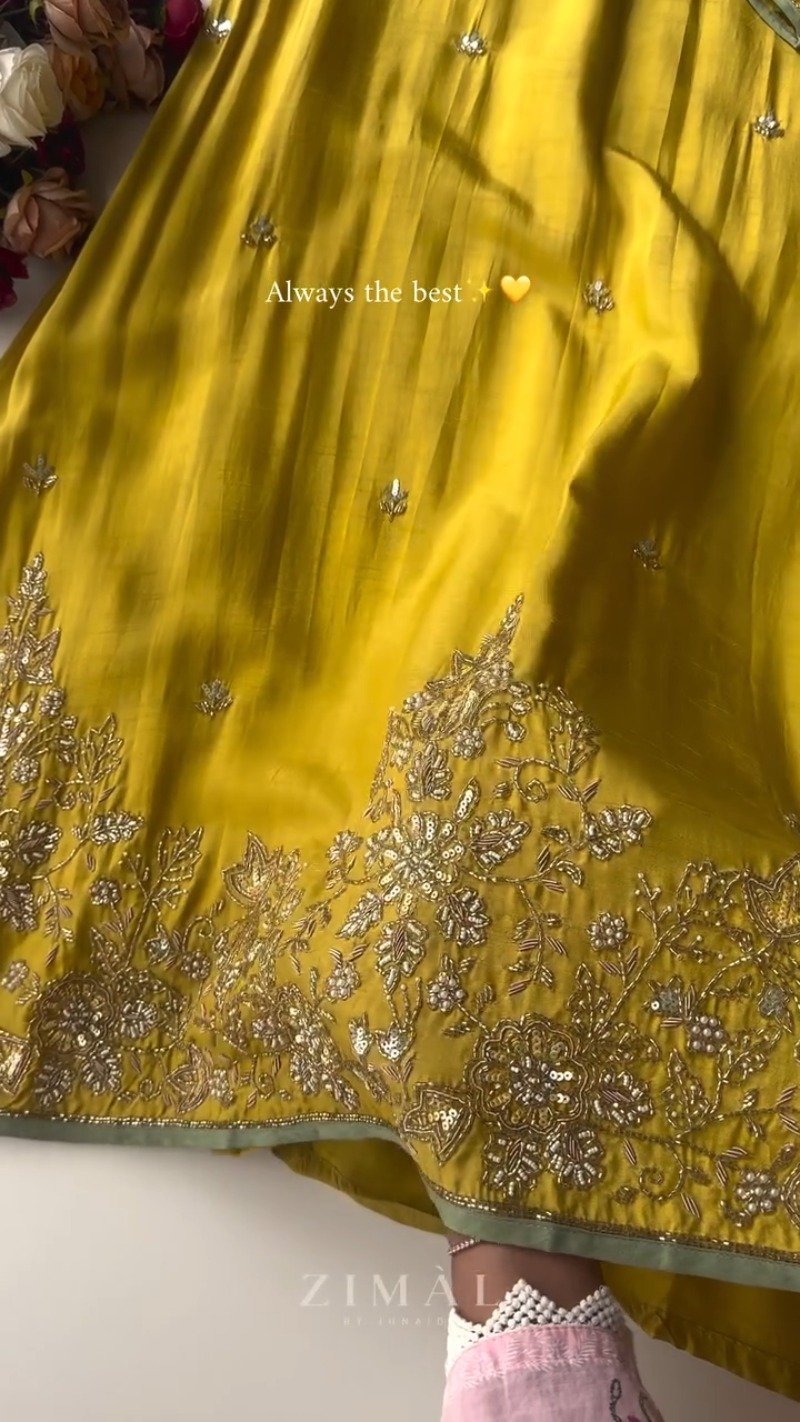 Sun-Kissed Mustard Raw Silk Kurta Set with Scalloped Sage Dupatta - Image 3