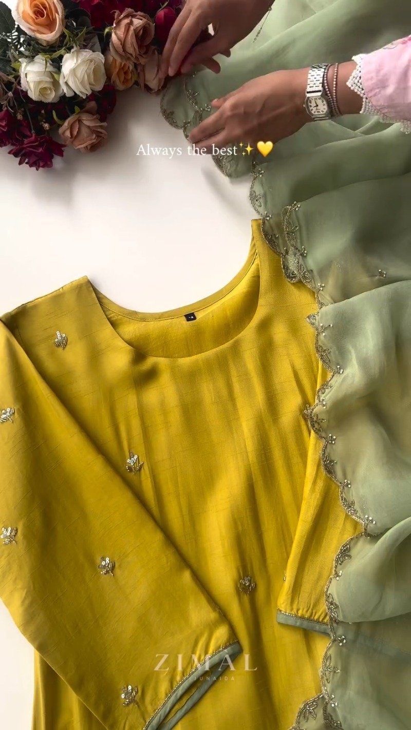 Sun-Kissed Mustard Raw Silk Kurta Set with Scalloped Sage Dupatta - Image 5