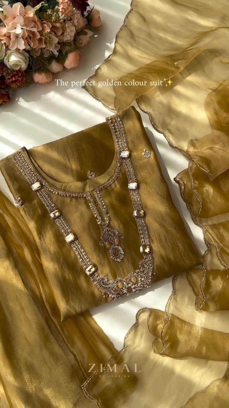 Opulent Golden Organza Embellished Kurta Set with Crystal Detailing