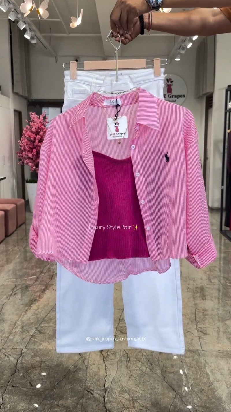 Chic Striped Co-ord Set with Tank Top and White Trousers – Available in Pink, Yellow, Blue & Tan