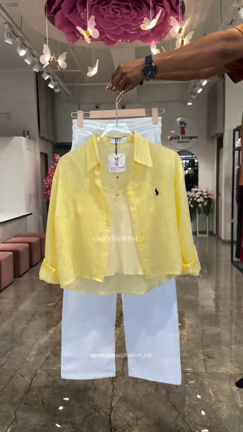 Chic Striped Co-ord Set with Tank Top and White Trousers – Available in Pink, Yellow, Blue & Tan - Image 2