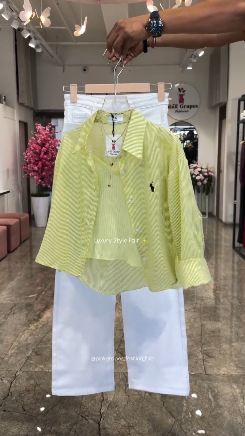 Chic Striped Co-ord Set with Tank Top and White Trousers – Available in Pink, Yellow, Blue & Tan - Image 4