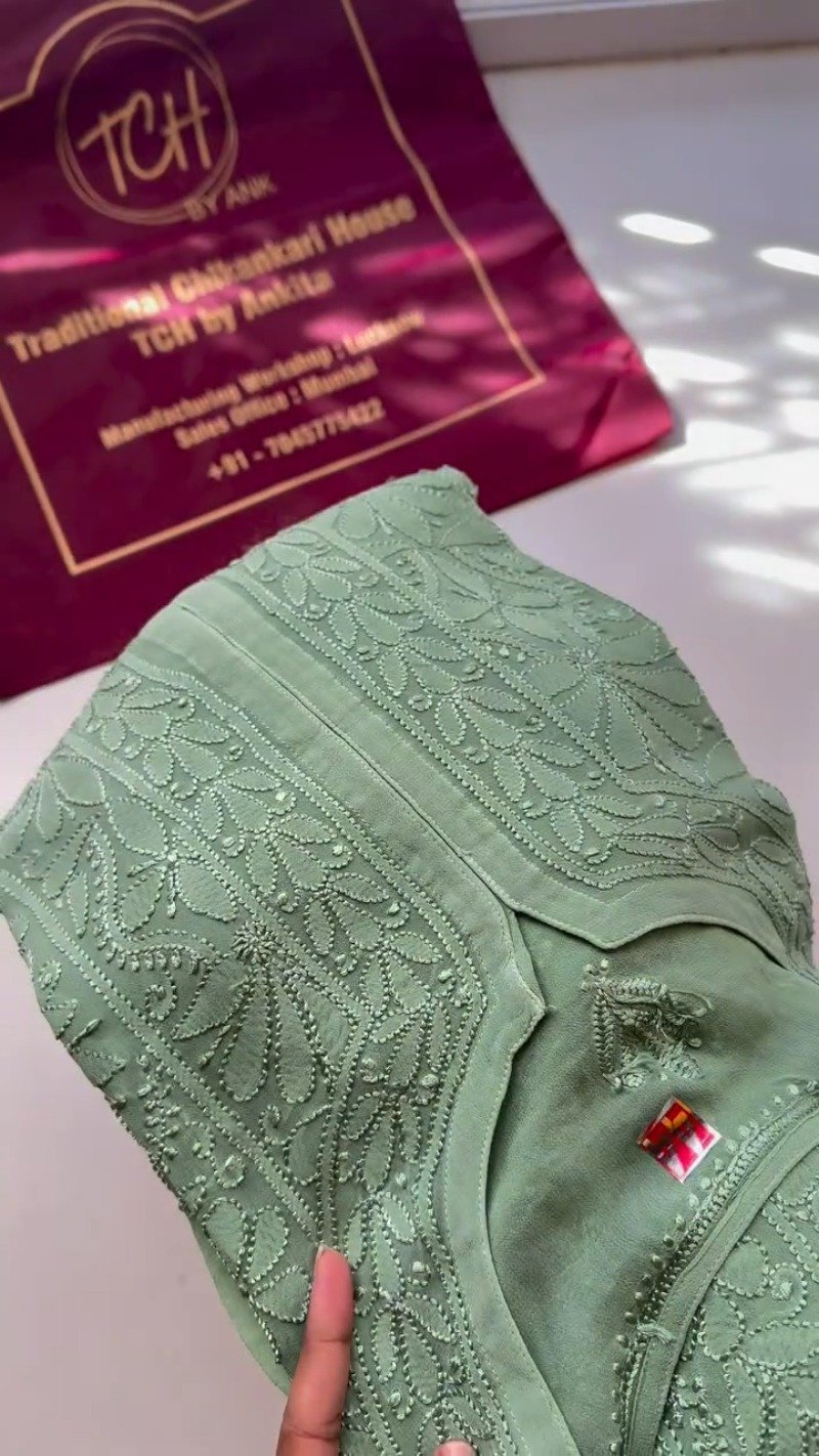 Sage Green Floral Chikankari Kurta & Palazzo Set – Exquisite Handcrafted Elegance - Image 2
