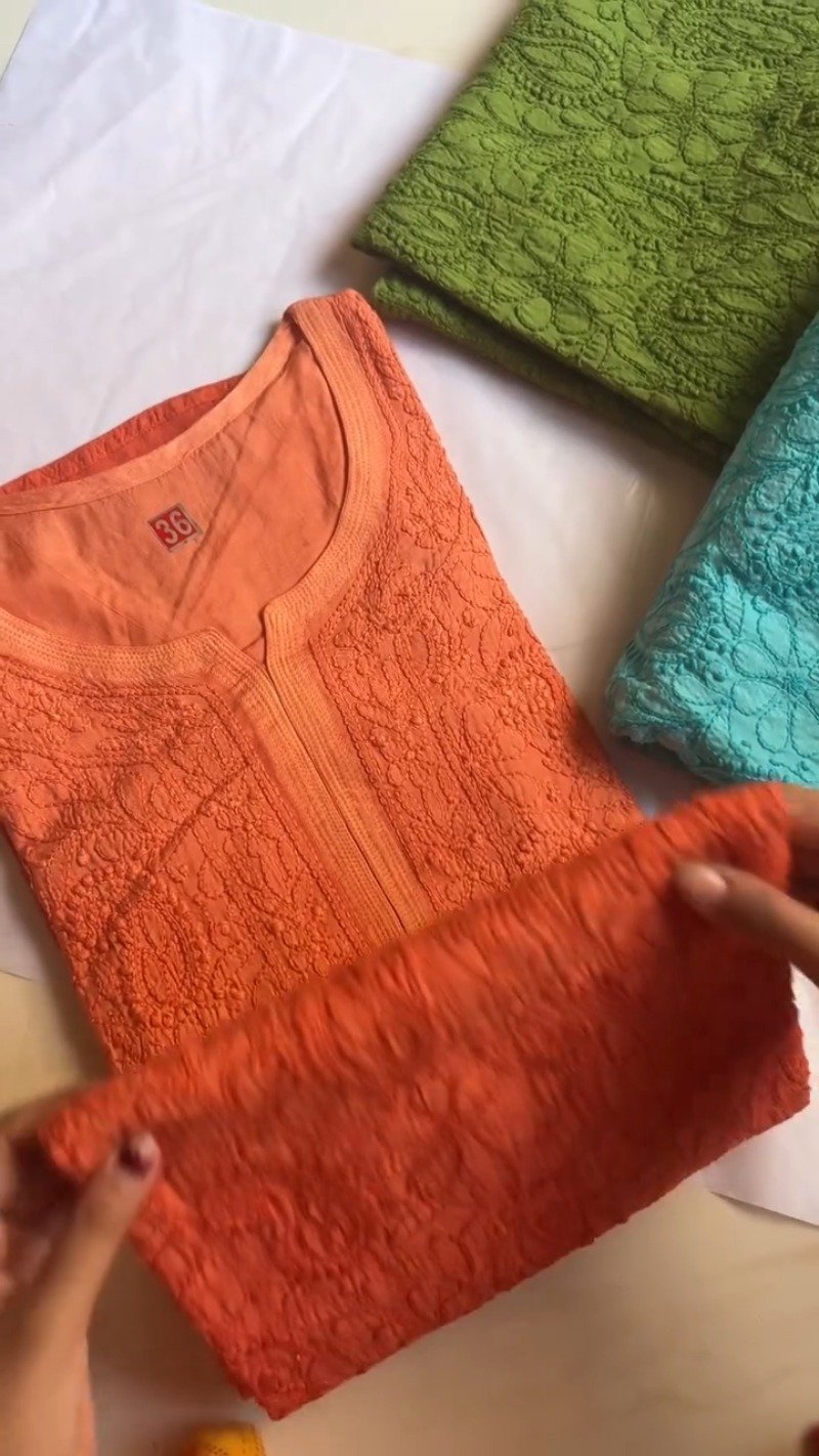 Exquisite Hand-Embroidered Chikankari Kurta Set – Available in Vibrant Green, Radiant Turquoise & Sunset Orange - Image 3