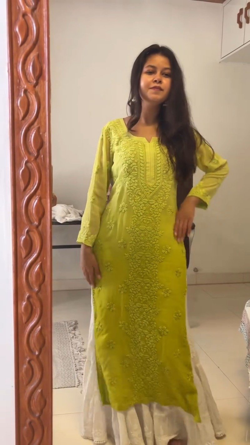 Chikankari Elegance Kurta and Flare Skirt Ensemble – Available in Lime Green & Hot Pink - Image 3
