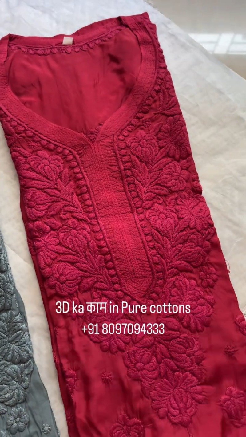 Exquisite 3D Floral Hand-Embroidered Pure Cotton Kurta – Available in Rust, Moss Green, Charcoal Grey, Maroon & Deep Mauve - Image 4