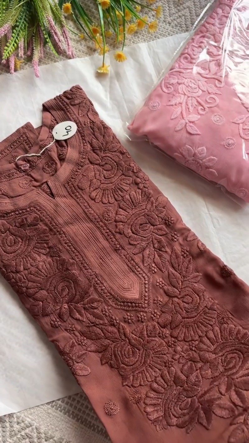 Exquisite Lucknowi Chikankari Hand-Embroidered Kurta – Available in Dusty Rose, Peach & Terracotta