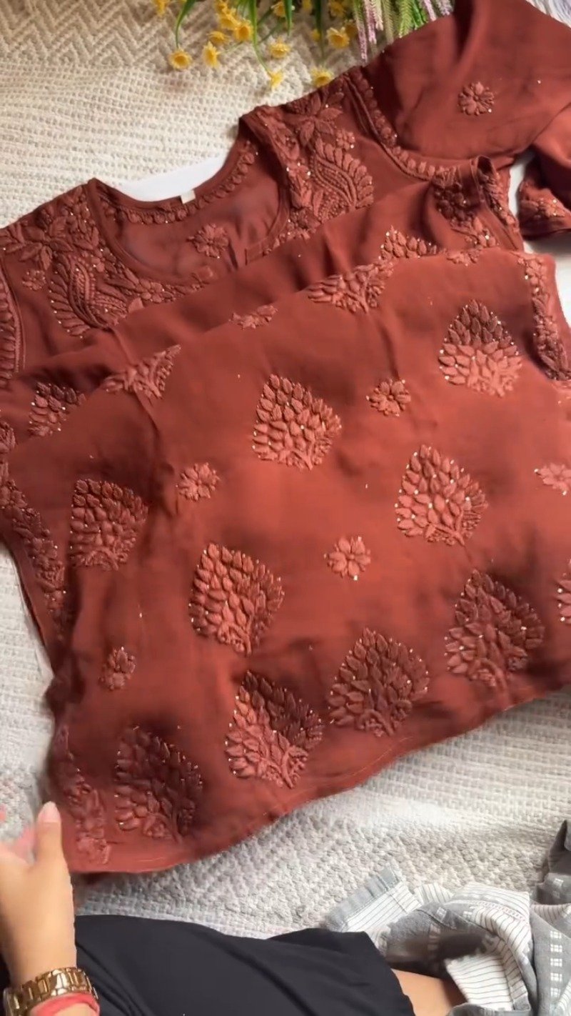 Chikankari Elegance Hand-Embroidered Georgette Kurta – Available in Plum, Black & Rust Orange - Image 4